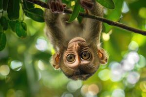 A playful monkey hangs from a branch, looking at the camera. photo