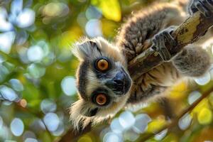 A playful lemur hangs from a branch, looking at the camera. photo