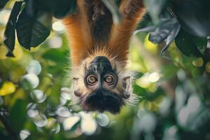 A playful monkey hangs from a branch, looking at the camera. photo