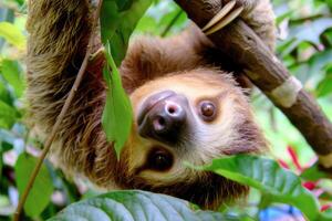 A playful sloth hanging from a tree, looking at the camera. photo