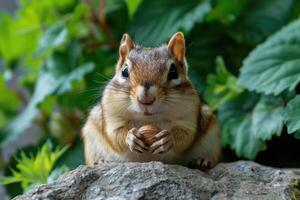 A playful chipmunk holding a nut looks at the camera. photo