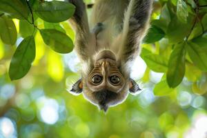 A playful monkey hangs from a branch, looking at the camera. photo