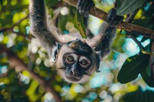 A playful monkey hangs from a branch, looking at the camera. photo