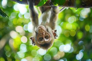 A playful monkey hangs from a branch, looking at the camera. photo
