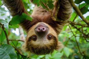 A playful sloth hanging from a tree, looking at the camera. photo