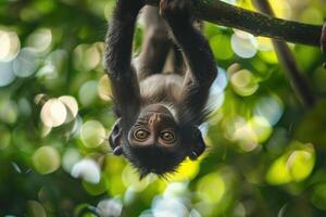 A playful monkey hangs from a branch, looking at the camera. photo