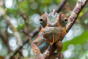 A curious chameleon clings to a branch, looking at the camera. photo