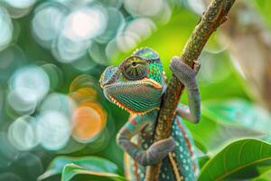 A curious chameleon clings to a branch, looking at the camera. photo