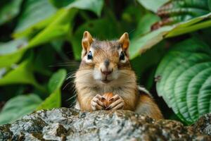 A playful chipmunk holding a nut looks at the camera. photo