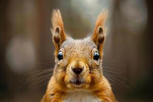 A curious squirrel looks directly into the camera. photo