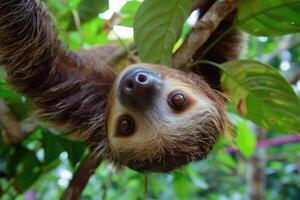 A playful sloth hanging from a tree, looking at the camera. photo
