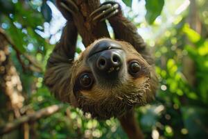 A playful sloth hanging from a tree, looking at the camera. photo