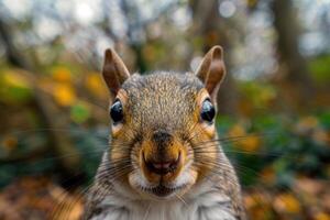 A curious squirrel looks directly into the camera. photo