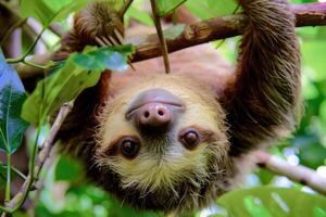 A playful sloth hanging from a tree, looking at the camera. photo