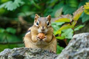 A playful chipmunk holding a nut looks at the camera. photo