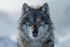 A majestic wolf with piercing eyes stares into the camera. photo