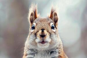 A curious squirrel looks directly into the camera. photo