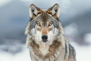 A majestic wolf with piercing eyes stares into the camera. photo