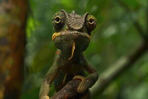 A curious chameleon clings to a branch, looking at the camera. photo