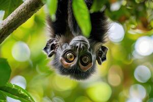 A playful monkey hangs from a branch, looking at the camera. photo