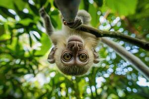 A playful monkey hangs from a branch, looking at the camera. photo