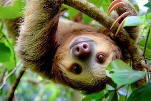 A playful sloth hanging from a tree, looking at the camera. photo
