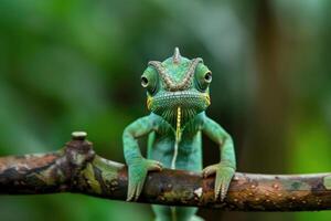 A curious chameleon clings to a branch, looking at the camera. photo