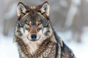 A majestic wolf with piercing eyes stares into the camera. photo