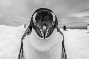 A penguin with a curious expression stares into the camera. photo