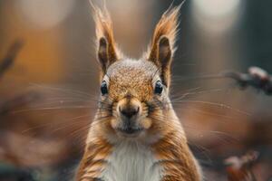 A curious squirrel looks directly into the camera. photo