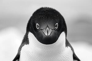 A penguin with a curious expression stares into the camera. photo
