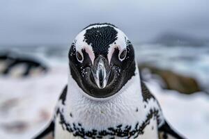 A penguin with a curious expression stares into the camera. photo