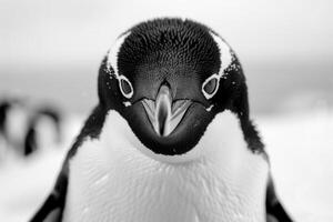 A penguin with a curious expression stares into the camera. photo