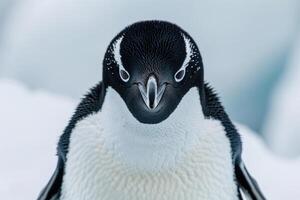 A penguin with a curious expression stares into the camera. photo