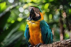 A playful parrot perched on a branch looks at the camera. photo