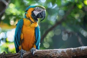 A playful parrot perched on a branch looks at the camera. photo