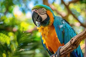 A playful parrot perched on a branch looks at the camera. photo