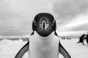 A penguin with a curious expression stares into the camera. photo