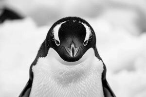 A penguin with a curious expression stares into the camera. photo