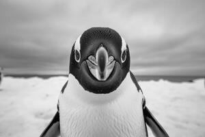 A penguin with a curious expression stares into the camera. photo