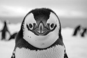 A penguin with a curious expression stares into the camera. photo