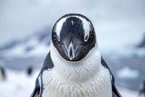 A penguin with a curious expression stares into the camera. photo