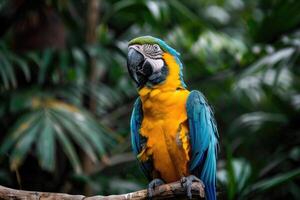 A playful parrot perched on a branch looks at the camera. photo