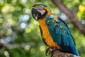 A playful parrot perched on a branch looks at the camera. photo