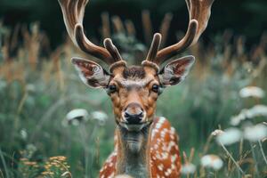 A deer with large antlers gazes into the camera. photo