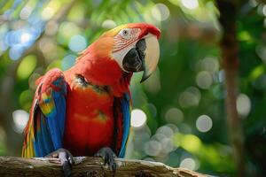 A playful parrot perched on a branch looks at the camera. photo