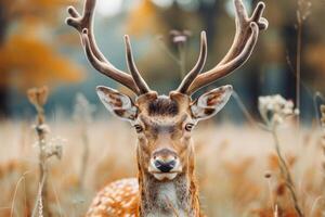 A deer with large antlers gazes into the camera. photo