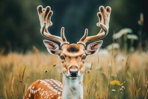 A deer with large antlers gazes into the camera. photo