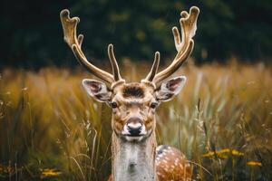 A deer with large antlers gazes into the camera. photo