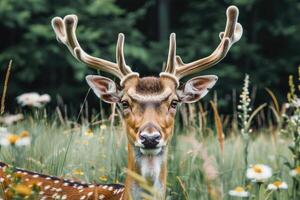 A deer with large antlers gazes into the camera. photo